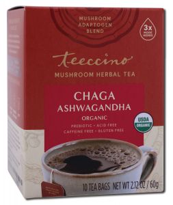 Teeccino - Mushroom Adaptogen Herbal Tea Chaga Ashwagandha 10 ct Tea Bag Box