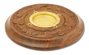 ''Prabhujis Gifts - Incense Burners Wooden Round Plate FLOWERS 4''''